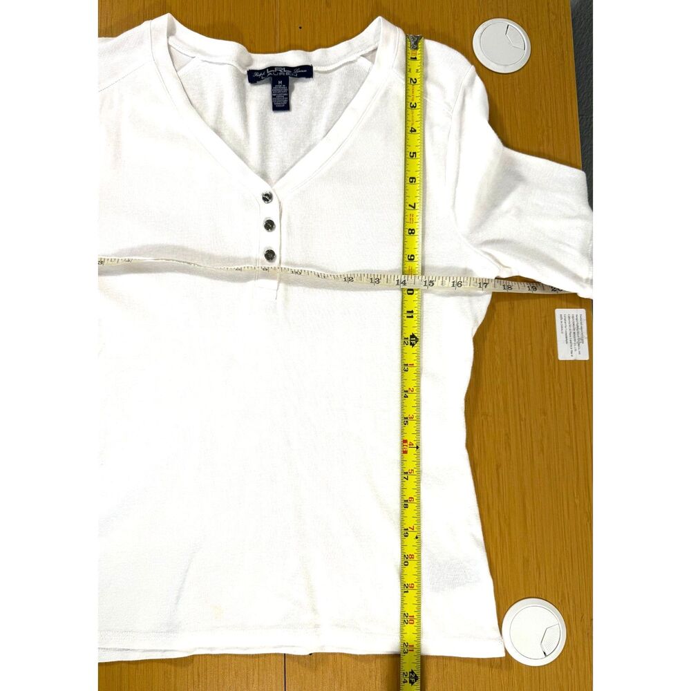 Lauren Ralph Lauren White Henley Shirt M 100% Cotton Short Sleeve V-Neck Tee - Picture 5 of 8